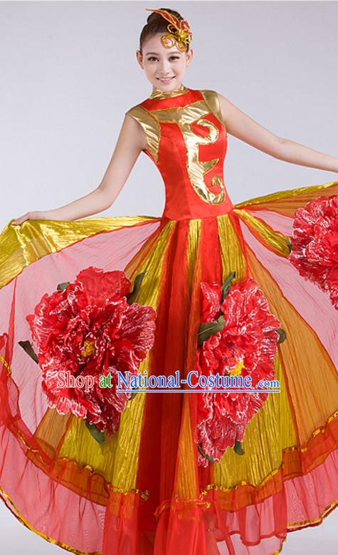 Chinese Stage Performance Flower Dance Costume and Headdress Complete Set for Women