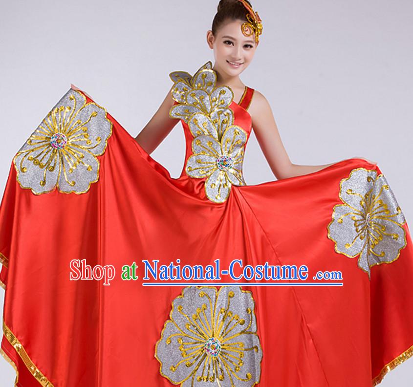 Chinese Stage Performance Flower Dance Costume and Headdress Complete Set for Women