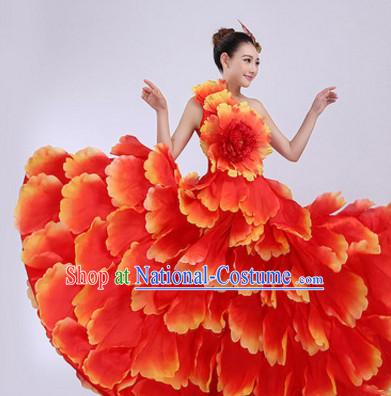 Red Chinese Stage Performance Flower Dancewear Costume and Headdress Complete Set for Women