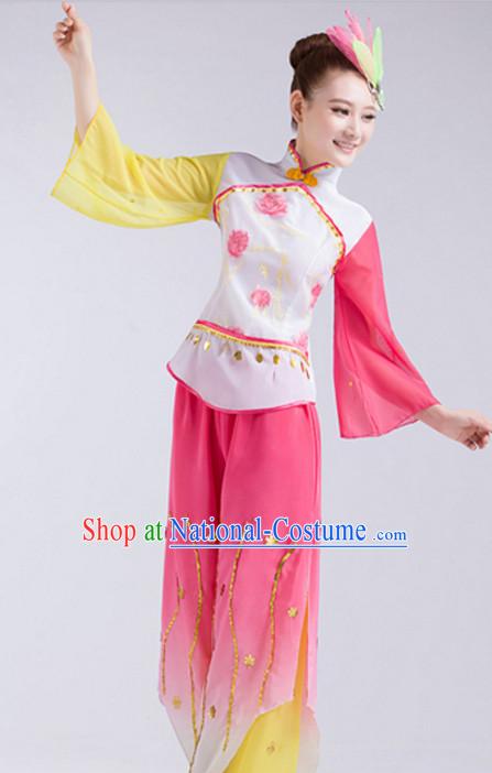 Chinese Folk Fan Dance Costumes and Headdress Complete Set for Children Girls