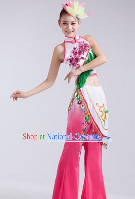 Chinese Folk Fan Dance Costumes and Headdress Complete Set for Children Girls