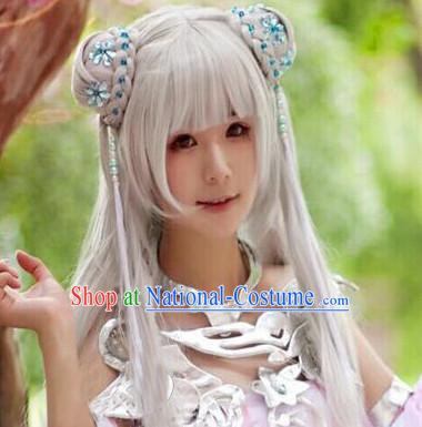 Chinese Ancient Female Style White Long Wigs