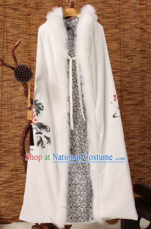 Traditional Chinese Style Long Mantle Cape with Hands Painted Peony