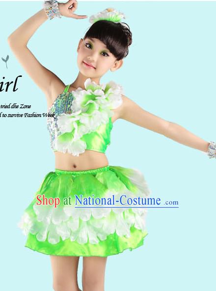 Green Chinese Peony Flower Dancing Costumes for Girls