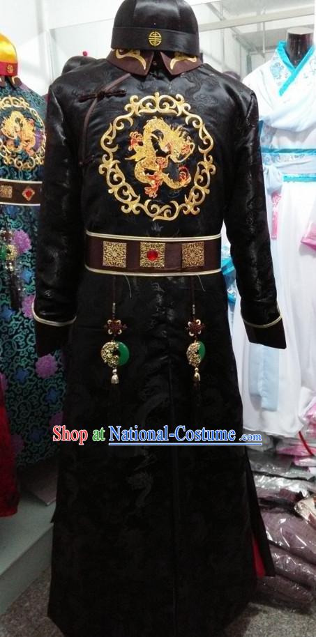 Traditional Chinese Qing Dynasty Prince Emperor Robe Gown Clothing and Hat Complete Set for Men