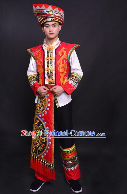 Chinese Chuang Group the Zhuang Nationality Folk Dance Ethnic Wear China Clothing Costume Ethnic Dresses Cultural Dances Costumes Complete Set for Men