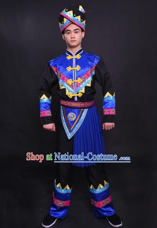 Chinese Chuang Group the Zhuang Nationality Folk Dance Ethnic Wear China Clothing Costume Ethnic Dresses Cultural Dances Costumes Complete Set for Men Boys