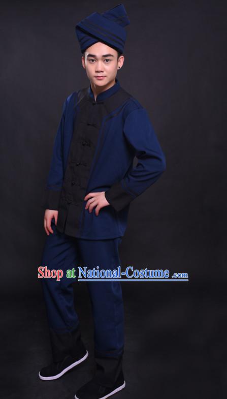 Chinese Chuang Group the Zhuang Nationality Folk Dance Ethnic Wear China Clothing Costume Ethnic Dresses Cultural Dances Costumes Complete Set for Men Boys