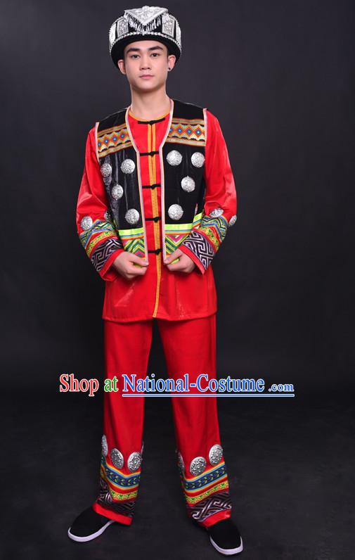 Chinese Hmong Nationality Folk Dance Ethnic Wear China Clothing Costume Ethnic Dresses Cultural Dances Costumes Complete Set for Men Boys