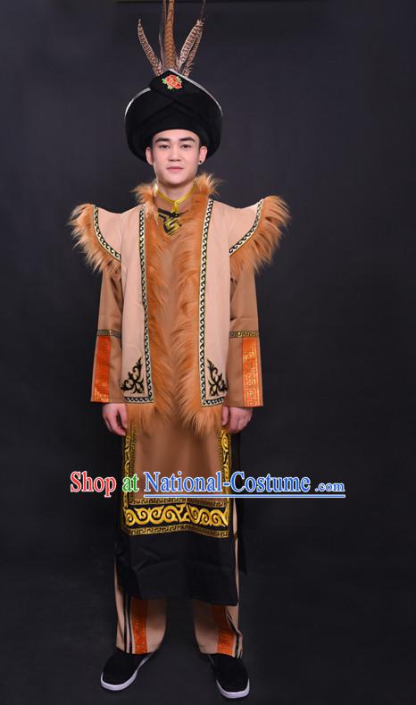 Chinese Qiang Nationality Folk Dance Ethnic Wear China Clothing Costume Ethnic Dresses Cultural Dances Costumes Complete Set for Men Boys