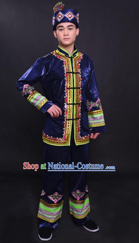 Chinese Mulao Nationality Folk Dance Ethnic Wear China Clothing Costume Ethnic Dresses Cultural Dances Costumes Complete Set for Men Boys