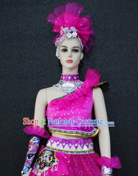 Chinese Nationality Folk Dance Ethnic Wear China Clothing Costume Ethnic Dresses Cultural Dances Costumes Complete Set for Women Girls