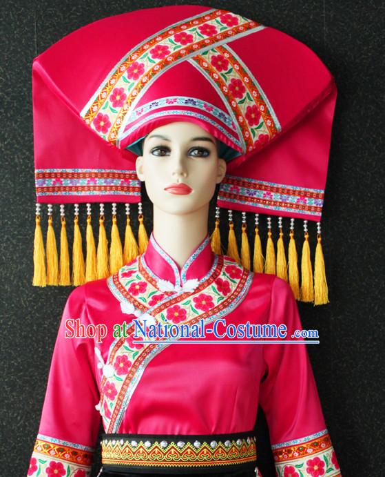 Chinese Zhuang Nationality Folk Dance Ethnic Wear China Clothing Costume Ethnic Dresses Cultural Dances Costumes Complete Set for Women Girls