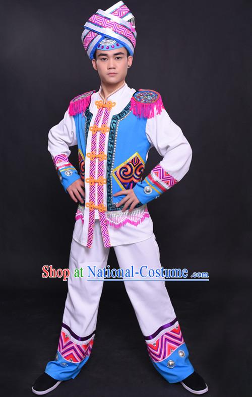 Chinese Chuang Group the Zhuang Nationality Folk Dance Ethnic Wear China Clothing Costume Ethnic Dresses Cultural Dances Costumes Complete Set for Men Boys