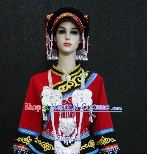 Chinese Zhuang Nationality Folk Dance Ethnic Wear China Clothing Costume Ethnic Dresses Cultural Dances Costumes Complete Set for Women Girls