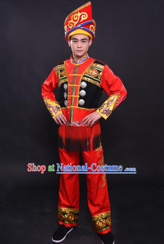 Chinese Chuang Group the Zhuang Nationality Folk Dance Ethnic Wear China Clothing Costume Ethnic Dresses Cultural Dances Costumes Complete Set for Men Boys