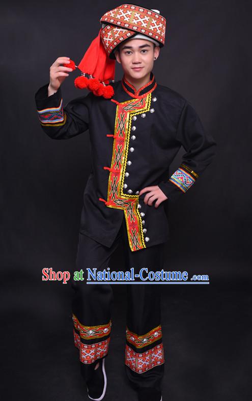 Chinese Yao Nationality Folk Dance Ethnic Wear China Clothing Costume Ethnic Dresses Cultural Dances Costumes Complete Set for Men Boys