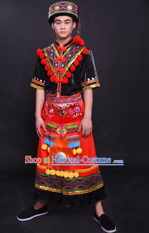 Chinese Yao Nationality Folk Dance Ethnic Wear China Clothing Costume Ethnic Dresses Cultural Dances Costumes Complete Set for Men Boys