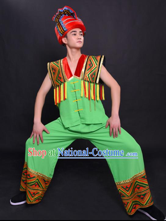 Chinese Hmong Miao Nationality Folk Dance Ethnic Wear China Clothing Costume Ethnic Dresses Cultural Dances Costumes Complete Set for Men Boys