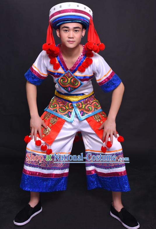 Chinese Yao Nationality Folk Dance Ethnic Wear China Clothing Costume Ethnic Dresses Cultural Dances Costumes Complete Set for Men Boys