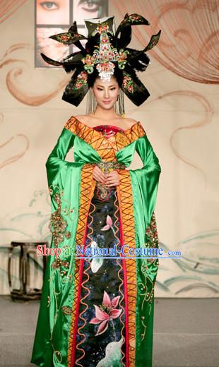 Ancient Tang Dynasty Chinese Imperial Palace Empress Queen Princess Garment Clothing and Hair Jewelry Complete Set for Women