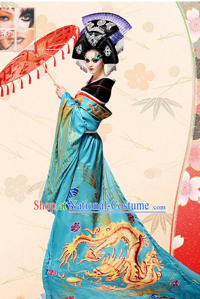 Ancient Tang Dynasty Chinese Imperial Palace Empress Queen Princess Garment Clothing and Hair Jewelry Complete Set for Women