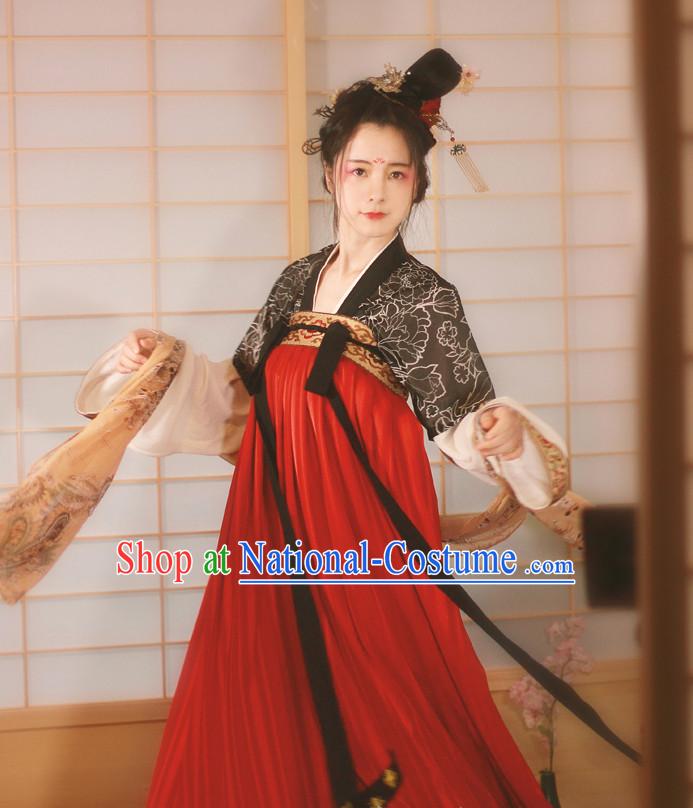 Traditional Chinese Tang Dynasty Noblewoman Garment Blouse Skirt and Hair Jewelry Complete Set for Women