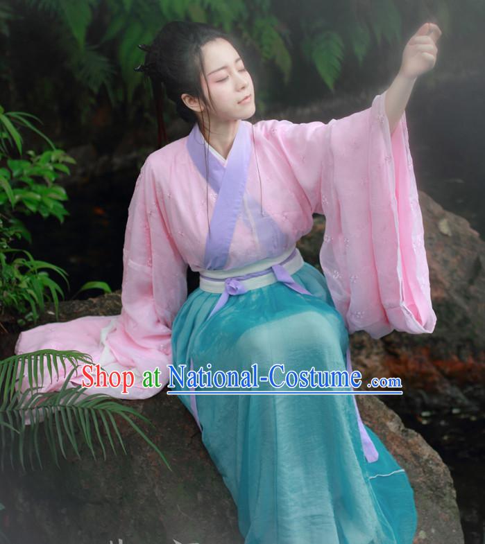 Traditional Chinese Han Dynasty Hanfu Suit Clothing Dresses Skirt and Hair Jewelry Complete Set for Women