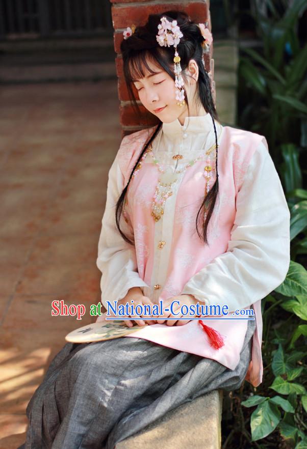 Traditional Chinese Pink Ming Dynasty Hanfu Suits Clothes Dresses Skirt and Hair Jewelry Complete Set for Women