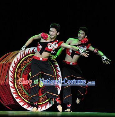 Chinese Classic Ethnic Dance Costume Folk Dancing Costumes Traditional Chinese Dance Costumes Asian Dancewear Complete Set for Men Boys