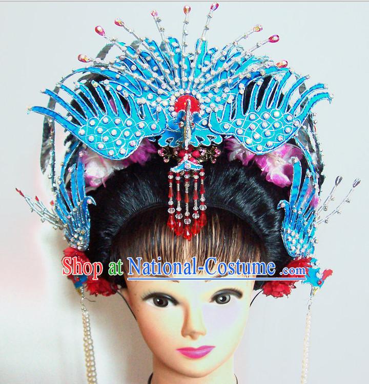 Top Traditional Chinese Opera Black Wigs and Phoenix Hair Accessories Props for Adults and Children