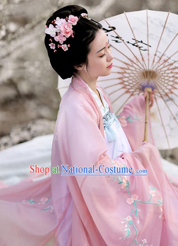 Chinese Traditional Dress Hanfu Costume China Kimono Robe Ancient Chinese Clothing National Costumes Gown Wear and Head Jewelry for Women Girls