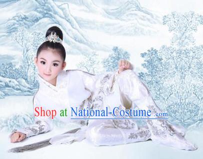 Chinese Traditional Dress Hanfu Costume China Kimono Robe Ancient Chinese Clothing National Costumes Gown Wear and Head Jewelry for Kids Children Boys