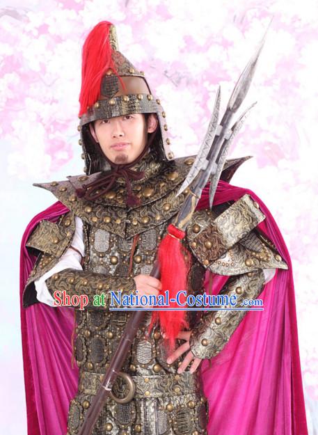 Chinese Traditional Body Armor Dress Hanfu Costume China Kimono Robe Ancient Chinese Clothing National Costumes Gown Wear and Head Jewelry for Men