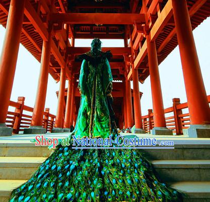 Chinese Traditional Empress Emperor Peacock Dress Hanfu Costume China Kimono Robe Ancient Chinese Clothing National Costumes Gown Wear and Headwear Complete Set for Women