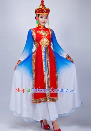 Chinese Ethnic Mongolian Dance Costumes Traditional Chinese Clothing Dress Dancewear Dance Clothes Outfits Dresses and Hat Complete Set for Women