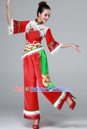 Chinese Fan Dance Costumes Traditional Chinese Clothing Dress Dancewear Dance Clothes Outfits Dresses and Hat Complete Set for Women