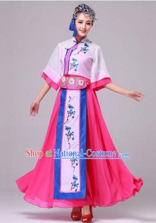 Chinese Fan Dance Costumes Traditional Chinese Clothing Dress Dancewear Dance Clothes Outfits Dresses and Hat Complete Set for Women