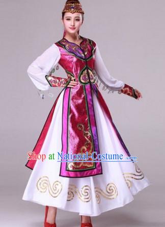 Chinese Mongolian Dance Costumes Traditional Chinese Clothing Dress Dancewear Dance Clothes Outfits Dresses and Hat Complete Set for Women