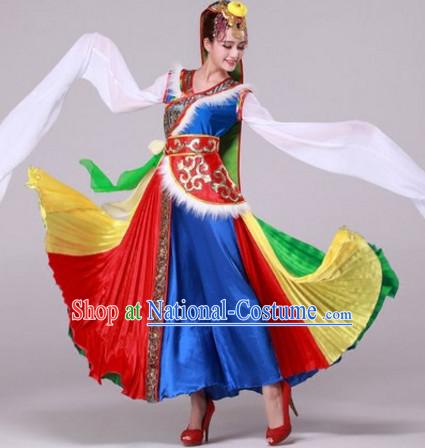 Chinese Tibetan Dance Costumes Traditional Chinese Clothing Dress Dancewear Dance Clothes Outfits Dresses Complete Set for Women