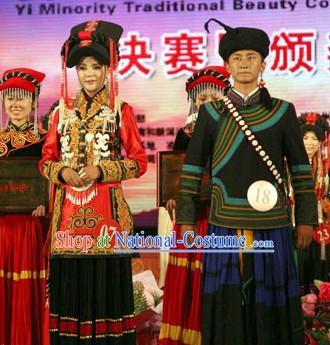 Chinese Yi Group People Folk Dance Ethnic Dresses Traditional Wear Clothing Cultural Dancing Costume Complete Sets for Men and Women