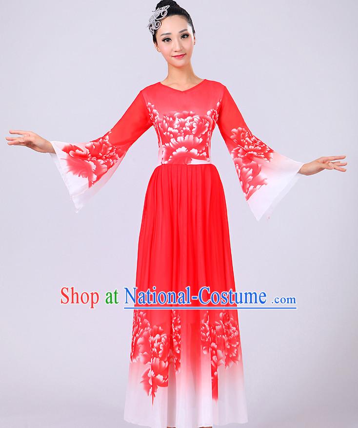 Red Chinese Theater Traditional Dance Ribbon Dancing Long Sleeve Leotard China Fan Dance Costume Complete Set