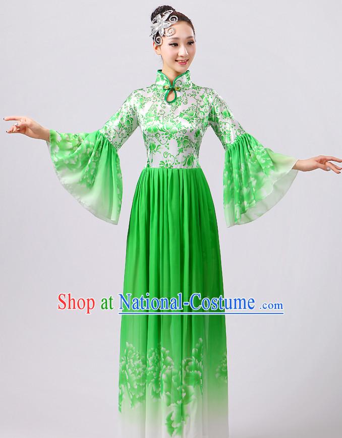 Green Chinese Theater Traditional Dance Ribbon Dancing Long Sleeve Leotard China Fan Dance Costume Complete Set