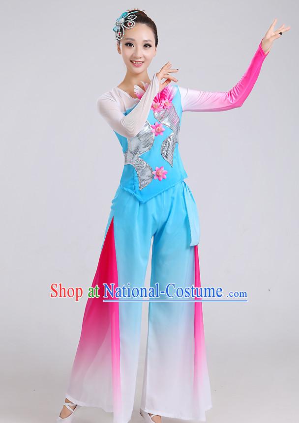 Chinese Theater Traditional Dance Ribbon Dancing Long Sleeve Leotard China Fan Dance Costume Complete Set