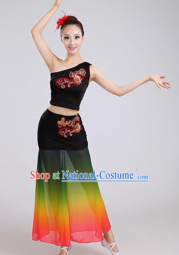 Chinese Theater Traditional Dance Ribbon Dancing Long Sleeve Leotard China Fan Dance Costume Complete Set