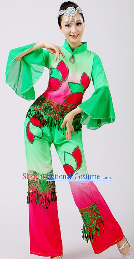 Chinese Theater Traditional Dance Ribbon Dancing Long Sleeve Leotard China Fan Dance Costume Complete Set for Women Girls