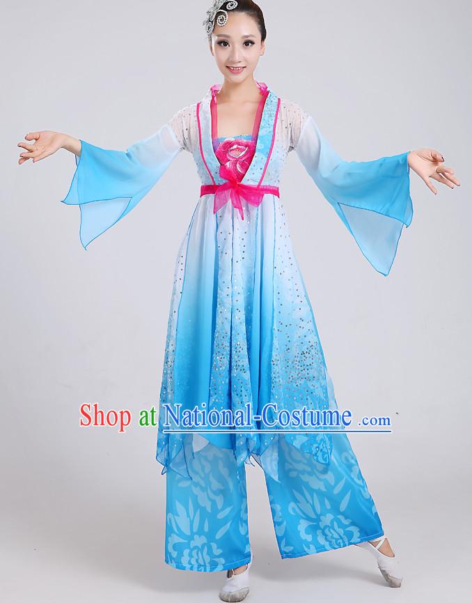 Chinese Theater Traditional Dance Ribbon Dancing Long Sleeve Leotard China Fan Dance Costume Complete Set