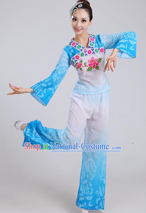 Chinese Theater Traditional Dance Ribbon Dancing Long Sleeve Leotard China Fan Dance Costume Complete Set