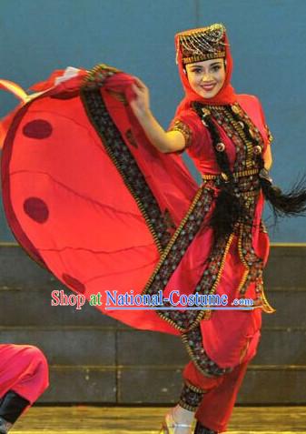 Chinese Xinjiang Folk Ethnic Dance Costume Traditional Minority Clothing National Costumes and Headwear Complete Set for Women