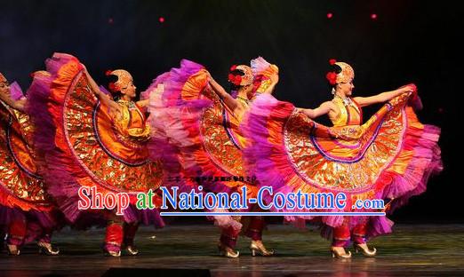 Chinese Folk Ethnic Dance Costume Traditional Minority Clothing National Costumes and Headwear Complete Set for Women